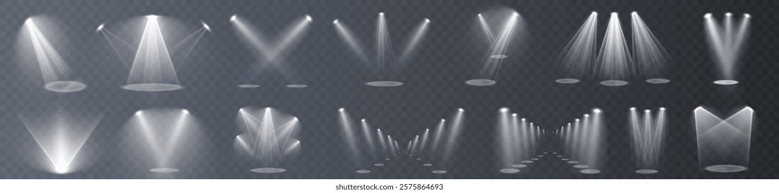 A bright spotlight on the stage shines with rays. Isolated light effect for your design and illustration.The vector set of light includes a light source, studio lighting, walls