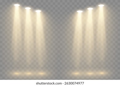 A bright spotlight on the stage shines with yellow rays. Isolated light effect for your design and illustration.