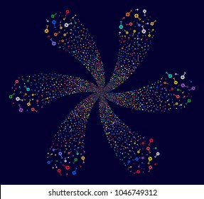Bright Spotlight Rack cyclonic flower cluster on a dark background. Vector abstraction. Impressive twirl composed from scatter spotlight rack items.