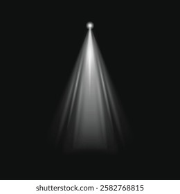 A bright spotlight shines in darkness. The spotlight creates a focused beam. The light beam is intense, illuminating a small area in the dark space. Light effect vector.