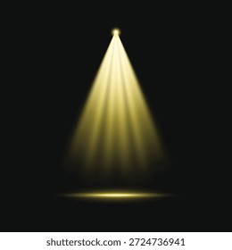 A bright spotlight shines in darkness. The spotlight creates a dramatic effect. Spotlight illuminates a focused area. Light beams from the spotlight create contrast. Design element vector.