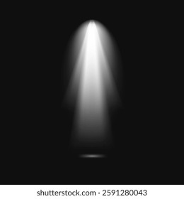 A bright spotlight shines down in a dark space, creating a dramatic and focused illumination. The spotlight beam is intense, highlighting the center area. Light effect vector.