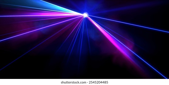 Bright spotlight shining on black background. Vector realistic illustration of neon blue, pink, purple glowing rays and smoke in darkness, nightclub disco, disco part, concert, show stage illumination