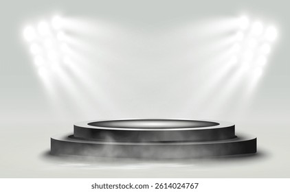 Bright spotlight stage with smoke and empty podium, blue and purple background, elegant scene for product presentation or award show.