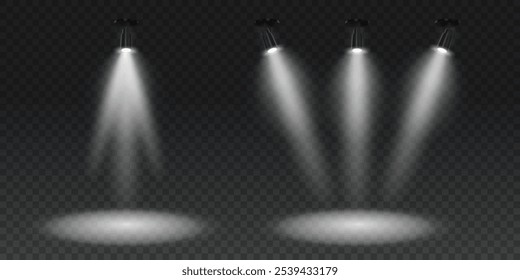 Bright spotlights on png background. Scene illumination vector set. Stage and studio light with realistic hanging lamps.