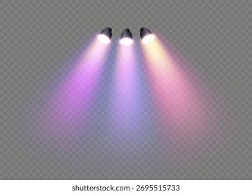 Helle Scheinwerfer, realistische Lichtkegel mit weicher Trübung auf transparentem Hintergrund. Vektorlichtelemente für dunkle und helle Hintergründe.