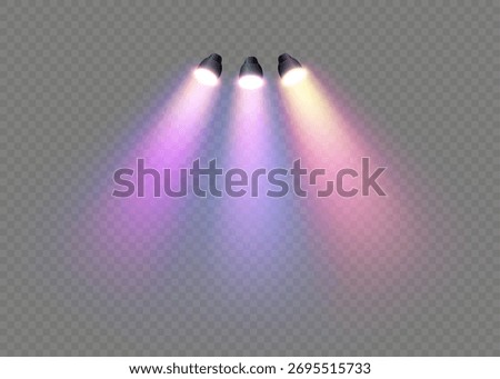 Bright spotlights, realistic light cones with a soft haze on a transparent background. Vector lighting elements for dark and light backgrounds.