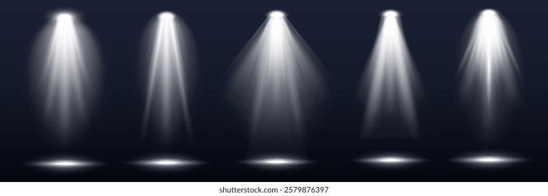 Bright spotlights shine on a dark stage. Spotlights create dramatic effects. Multiple spotlights illuminate the scene. Spotlights focus on specific areas. Overlay effect vector element set.