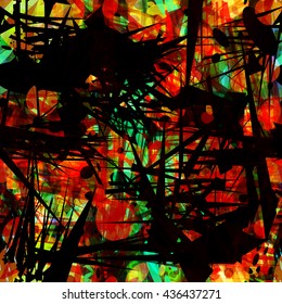 Bright spots shimmer through the thorns. Spots, circles, ovals, stains, sharp-angled elements such as spines, streaks and scratches. Overlap, overlay, transparency. Abstract seamless vector background