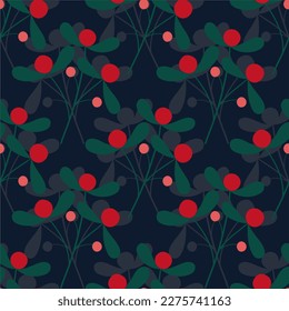Bright sprigs with red berries in a seamless pattern on a dark background. Winter background in folk style