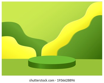Bright spring abstract 3d podium in green and yellow tones with geometric forms. Product presentation, mockup. Vector illustration.