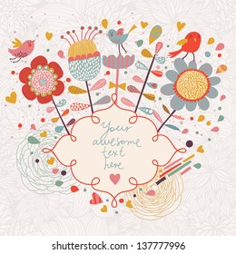 Bright spring background. Cartoon flowers and birds in vector card