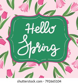Bright spring background with flower tulips and hello spring text. Greeting card springtime concept 
