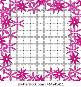 Bright spring background image of violet flowers and openwork mesh in the background. vector illustration. for holiday design, postcards, presentation