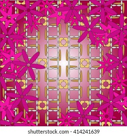 Bright spring background image of violet flowers and openwork mesh in the background. vector illustration. for holiday design, postcards, presentation