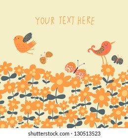 Bright spring background in orange colors. Birds on floral meadow Ã¢Â?Â? seamless pattern in vector
