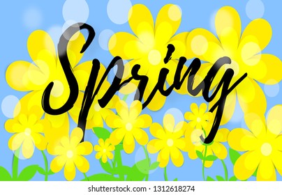 Bright spring background with paper flowers. Lettering spring season with leaf for greeting card, invitation template Vector illustration Vector