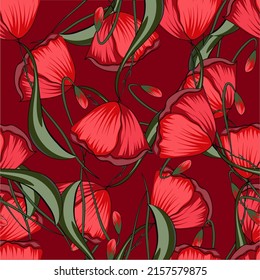 Bright spring background with poppies. Seamless pattern for printing on the material, advertising booklets. Stylized as a watercolor.