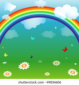 Bright spring background with a rainbow, clouds, flowers and butterflies (vector EPS 10)