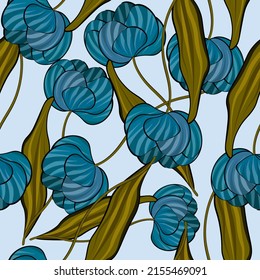 Bright spring background with tulips. Seamless pattern for printing on the material, advertising booklets. Stylized as a watercolor.