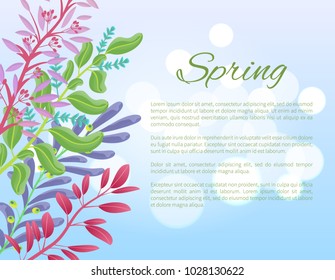 Bright spring banner with green branches and herbs. Herbal plants and sample text on blue sky as background. Nature and spring vector illustration.