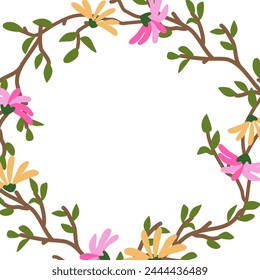 Borde de primavera brillante con ramas y flores silvestres. Plantilla de diseño de Vector con espacio de texto para Anuncio, póster, tarjeta