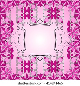 bright spring card with abstract flowers purple shades and frame for the text in the form of a girl silhouette. vector image.