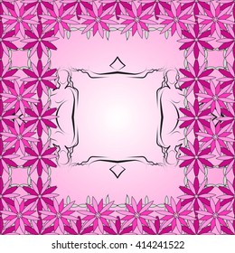 bright spring card with abstract flowers purple shades and frame for the text in the form of a girl silhouette. vector image.