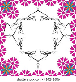 bright spring card with abstract flowers purple shades and frame for the text in the form of a girl silhouette. vector image.