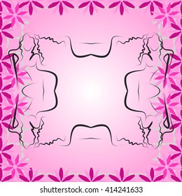 bright spring card with abstract flowers purple shades and frame for the text in the form of a girl silhouette. vector image.