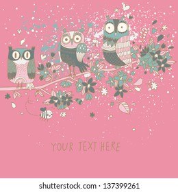 Bright spring card with cute birds in vector. Funny cartoon owls on branch