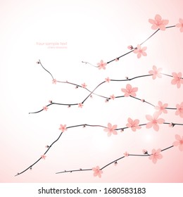 Bright spring cherry blossom of pink flowers. Vector abstract landscape illustration