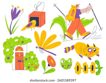 Bright spring collection with flowers, frog, bird, dragonfly, raccoon, house, and hiker. Fun seasonal elements for greeting cards, posters, and designs