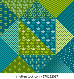 bright spring color tulip flower and geometry motif patchwork. simple assorted patch vector illustration design. seamless background for wrapping paper or fabric