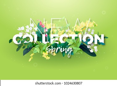 Bright spring design of an ad with a botanical bouquet of flowers, leaves and plant branches on a green background. Typography with the effect of 3d. Integrated inscription, vector illustration.