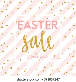 Bright spring easter sale design with gold confetti. Vector design