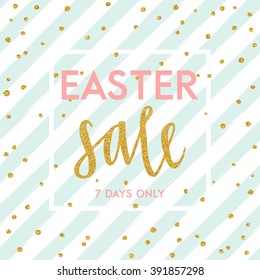 Bright spring easter sale design with gold confetti. Vector design