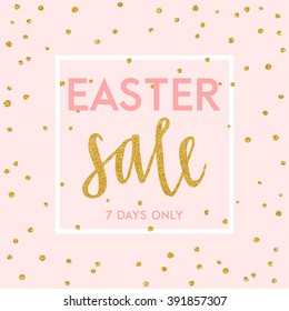 Bright spring easter sale design with gold confetti. Vector design