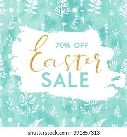 Bright spring easter sale design with gold confetti. Vector design