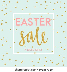 Bright spring easter sale design with gold confetti. Vector design