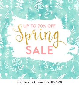 Bright spring easter sale design with gold confetti. Vector design