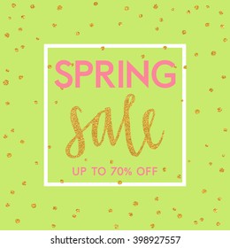 Bright spring easter sale design with gold confetti. Vector design