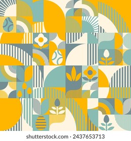 Bright spring Easter seamless vector pattern with simple geometric elements, flowers and eggs