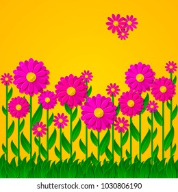 Bright spring floral background with 3d pink and purple cut out paper flowers on yellow background. Vector illustration