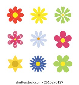Bright spring flower set. Colorful flower set. Diverse chamomile. daisy. sunflower. cornflower. chrysanthemum. Fresh blooming elements. growing concept in flat design. vector on white background
