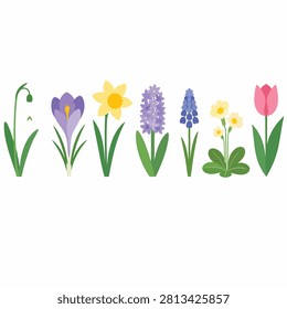 Bright spring flowers blooming in lush green grass with purple yellow blue pink blooms