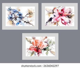 Bright spring flowers on tree branches or in vases, on watercolor posters on environmental theme. Artworks with summer fragrant flowers and blooming herbs for florist office design