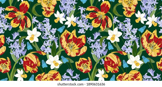 Bright spring flowers, tulips, daffodils and hyacinths on a dark green background, seamless vector illustration