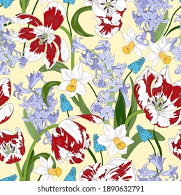 Bright spring flowers, tulips, daffodils and hyacinths, seamless vector illustration