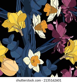 Bright spring flowers, tulips, daffodils, seamless vector illustration. Abstract blue colors illustration.